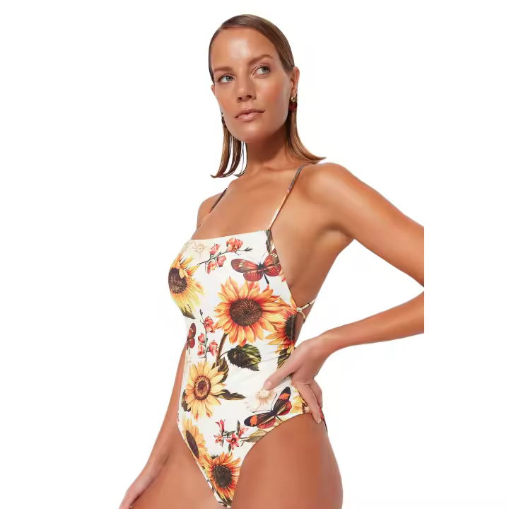 Trendyol Floral Pattern Square Collar High Leg Swimsuit Tbess23Ma00311 - 1