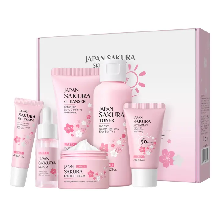 Set de cuidado de la piel de gran valor, set de seis piezas para el cuidado de la piel de Sakura, esencia limpiadora, crema para ojos, crema facial, tónico - 1