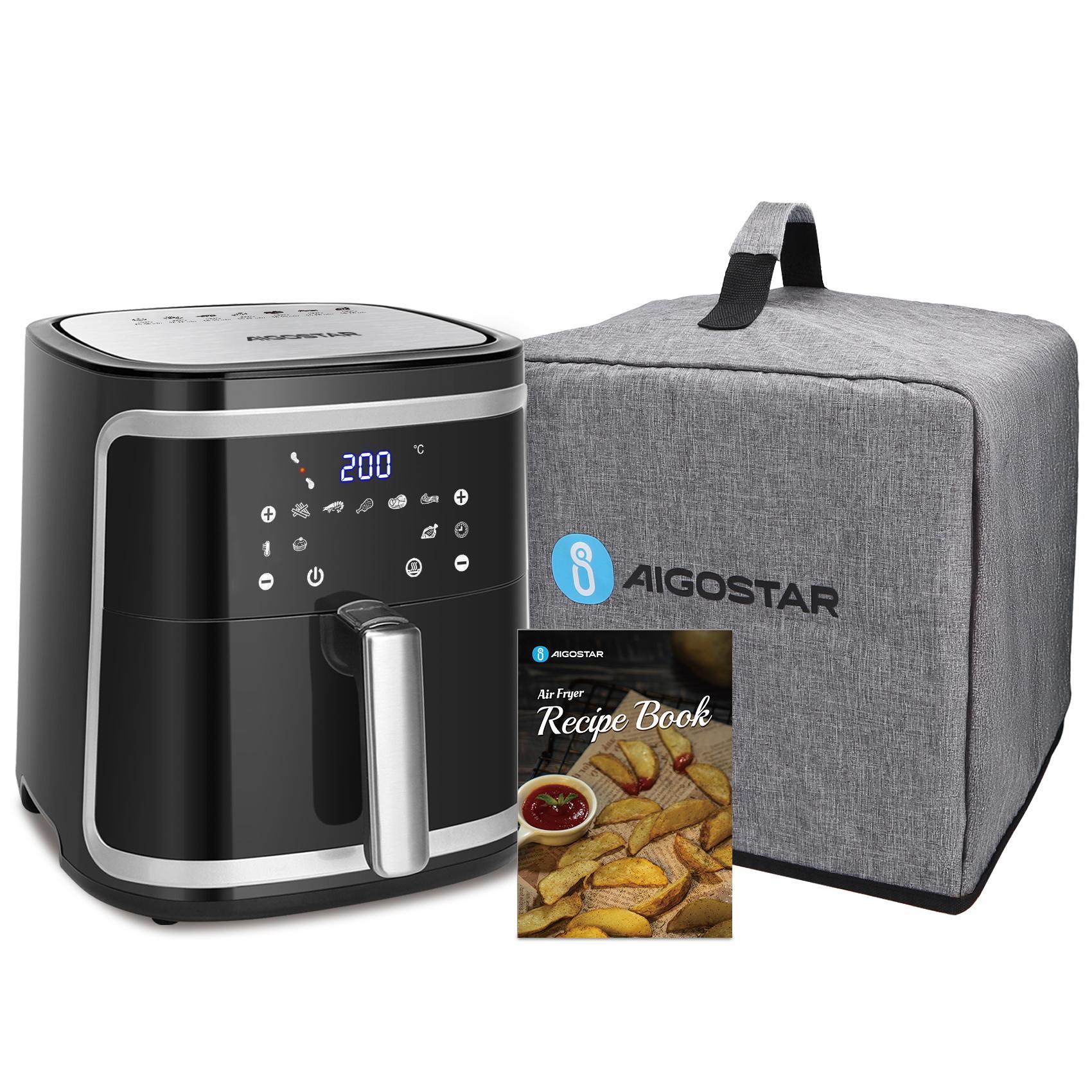 AIGOSTAR Freidora de Aire sin Aceite con Tapa Antipolvo - Pantalla LED Táctil, Gran Capacidad de 7L, Libro de Recetas Incluido, Cesta Antiadherente, Temporizador, 1900W，Negro.