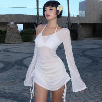 Vestido De Playa De Verano 2025 Para Mujer Estilo Picante Diagonal Hombro Largo Manga Flare Vestido De Vacaciones Sexy & Club - details 3
