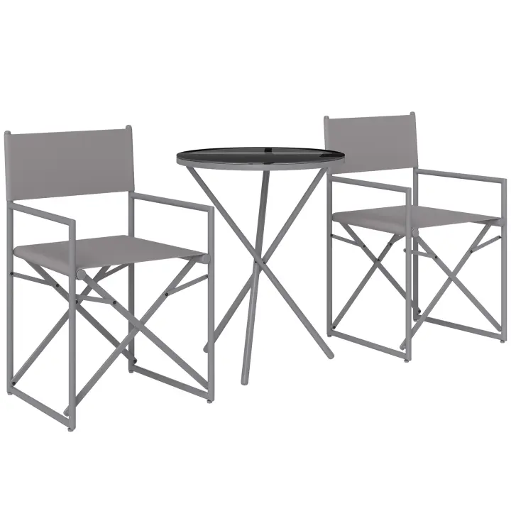 Outsunny Conjunto de Muebles de Jardín de 3 Piezas Juego de Muebles de Balcón con 2 Sillas Plegables Mesa con Encimera de Vidrio Templado y Estructura de Acero para Terraza Patio Exterior Gris Oscuro - 1
