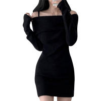 Vestido Mini De Encaje Negro Con Hombros Descubiertos Y Manga Larga Estilo Navidad 2024 Para Mujer Ajustado Y Elegante - details 1