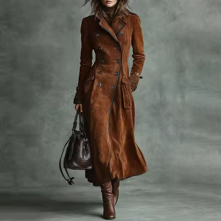 Abrigo De Trench Mujer Chocolate Cuero Double-Breasted Largo Elegante Para Oficina Y Salida Estilo Trendy 2026 Cierre Único Bolsillos - 1
