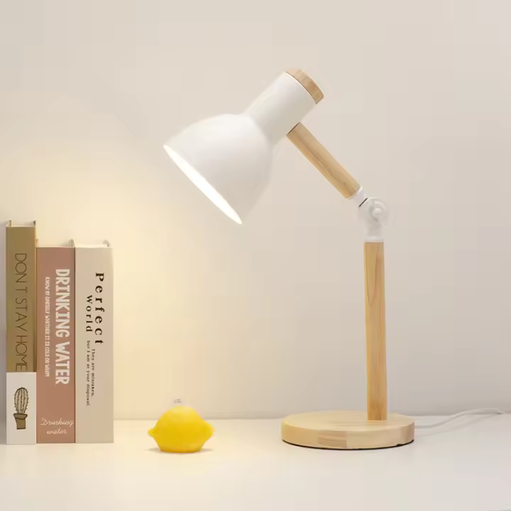 Lámpara De Mesa Nordica Con Protección Ocular E27 Ajustable En Altura Para Lectura Y Estudio Luz Nocturna Con Enchufe Material De Madera Y Hierro - 1