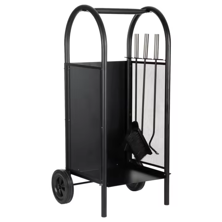 Leñero de metal con herramientas de chimenea negro 35x32x81 - 1