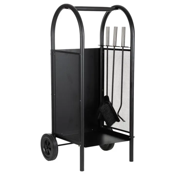 Leñero de metal con herramientas de chimenea negro 35x32x81 - 1