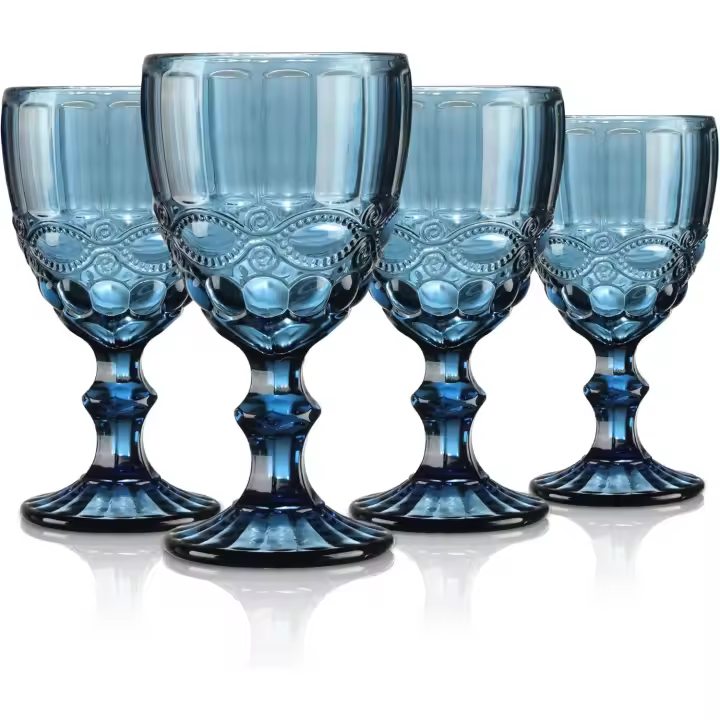Juego de 4 Copas de vino vintage azules, 300 ml, Aptas para lavavajas. Ideal para fiestas y eventos. - 1