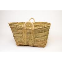 Fibranature - Cesta, leñera de esparto rectangular con dos asas - Fabricación 100% artesanal con prodcutos naturales - articulo para guardar la leña y decorativo - detalle de cuerda blanca en asas y borde - - details 1
