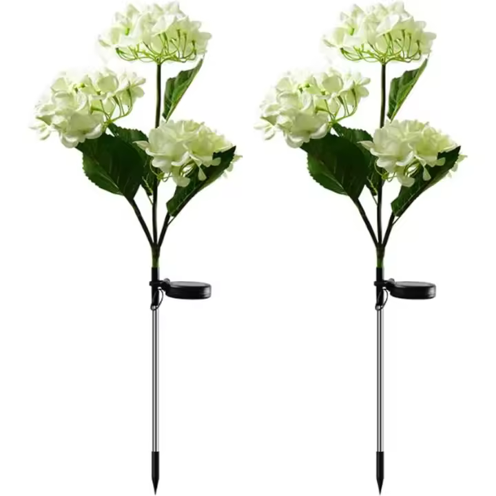 Luces Solares de Hortensia en Estaca, impermeable, realistas, LED, para entererrarlas, paquete de 2, para césped, patio, Jardín (Blanco) - 1