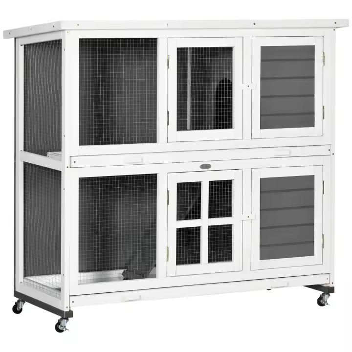 PawHut Conejera de Madera de 2 Niveles Jaula para Conejos con Ruedas 2 Puertas Techo Abatible y 2 Bandejas Extraíbles Conejera para Interior y Exterior 119x50,5x109 cm Blanco y Gris - 1