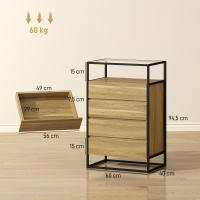 HOMCOM Cómoda 4 Cajones, Cómoda Dormitorio con Superficie de Vidrio Templado, Estante Abierto, Estructura de Acero, Cajonera para Salón, Oficina, 60x40x94,5 cm, Teca - details 2