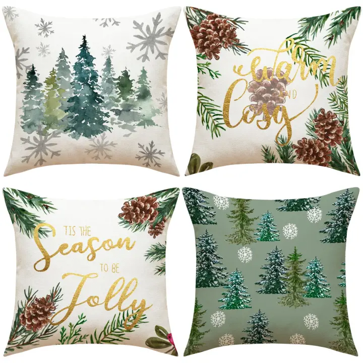 4 sets de árbol de Navidad almohada conjuntos, Lino impresión sofá cojín conjuntos para sala de estar casera, al por mayor decorativa almohada conjuntos - 1