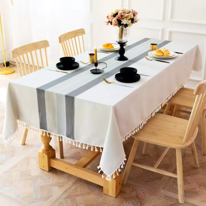 Mantel rectangular antimanchadas de Lino y Algodón de Cuero de Napa para Cocina y Restaurante (Rayas grises, 140x260 cm) - 1