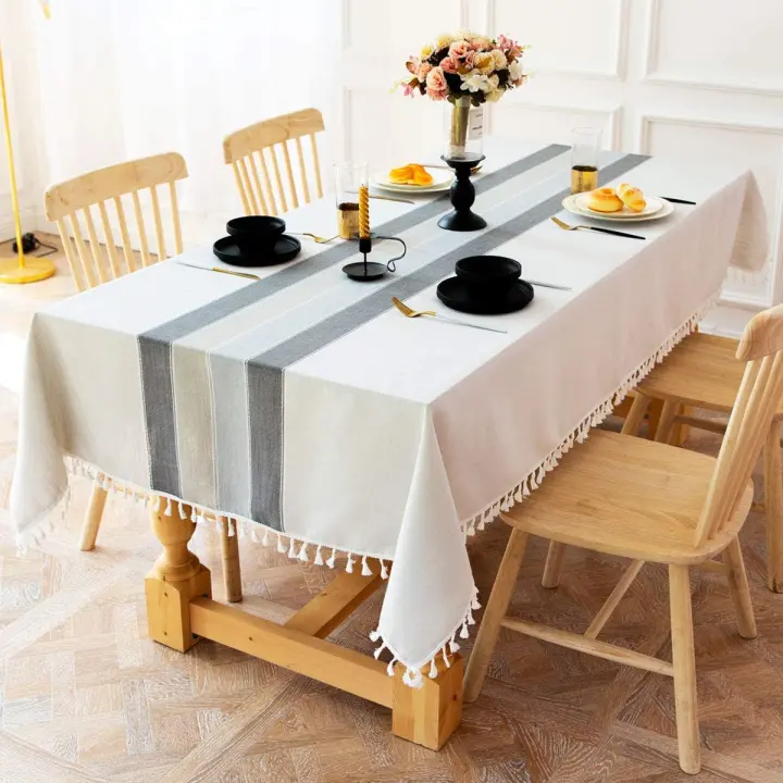 Mantel rectangular antimanchadas de Lino y Algodón de Cuero de Napa para Cocina y Restaurante (Rayas grises, 140x260 cm) - 1
