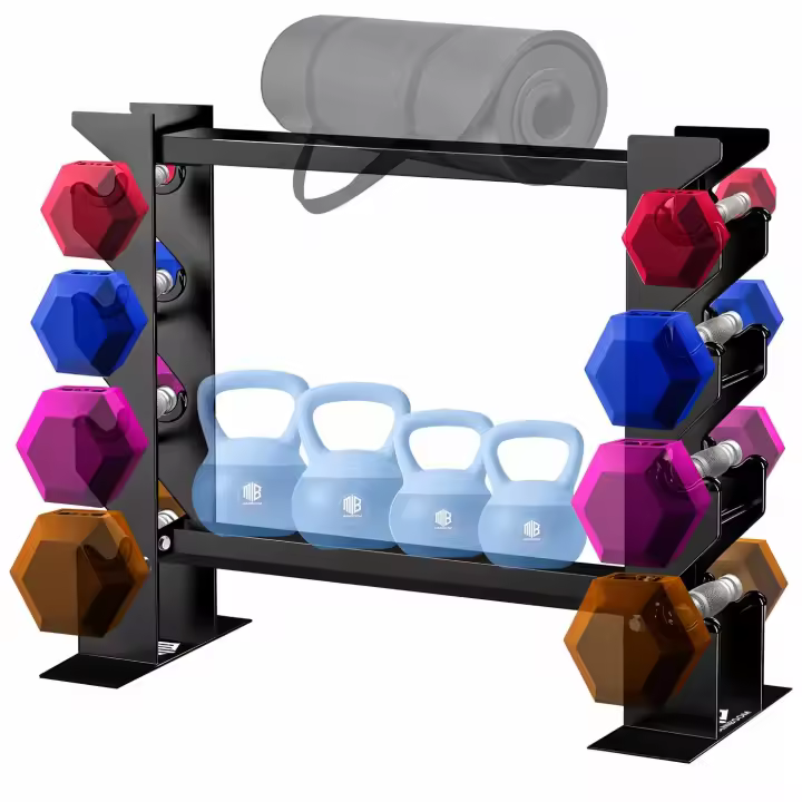 ManiBoom Soporte Mancuernas Casa de Acero 2 Niveles Horizontales + 2 Verticales - Organizador Gimnasio - Estante de Almacenamiento para Pesas Rusas, Barra Esterillas y Mancuerna - Mancuernero - 1