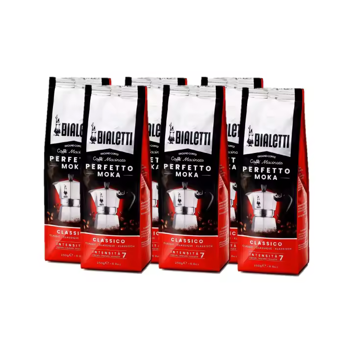 Bialetti Café Molido Italiano - Perfetto Moka: Clásico, Intenso, Vainilla, Avellana, Chocolate, Descafeinado y Delicato -  6 paquetes de 250 gr cada uno (1,5 kg)  Café de alta calidad - 1