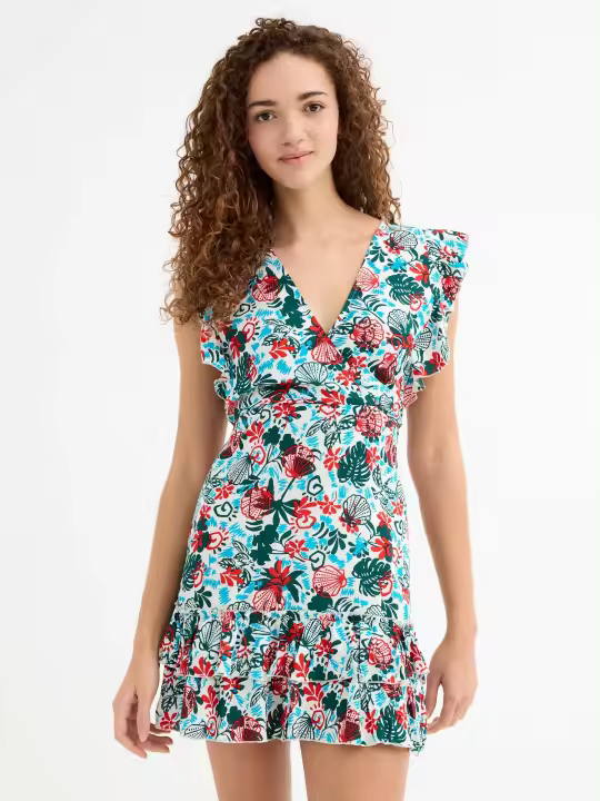 Vestido con abertura en espalda, volantes en falda y hombros, escote en pico, lazada trasera en cuello y cremallera lateral INSIDE - 1