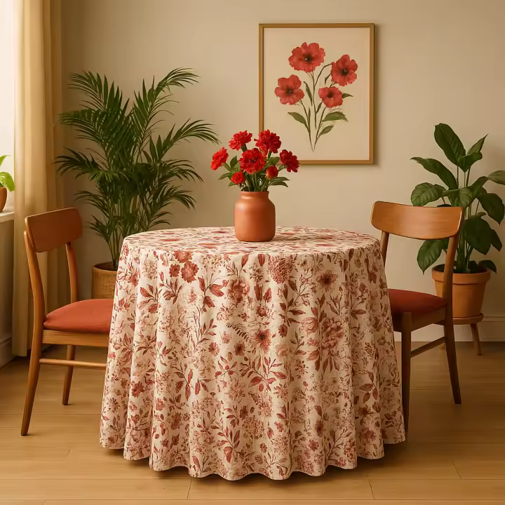 LaFábricadelasTelas - Falda o ropa de Mesa Camilla Redonda flores algodón color rojo-teja, gris-azul-marrón. Primavera Verano Loneta estampada flores algodón. Faldón Faldilla enagüilla - 1