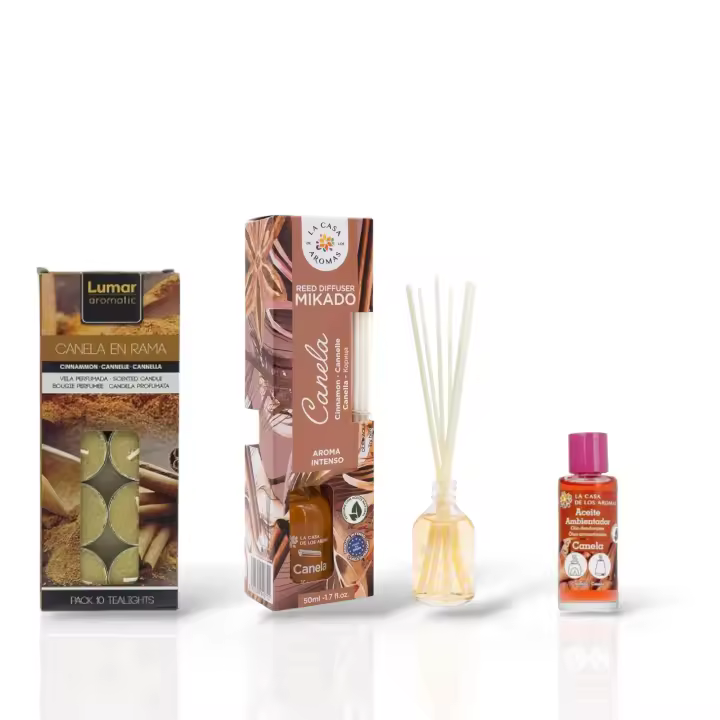 Buscodecor - Aromaterapia Fragancia Canela, Ambientador 50ml, Aceite Esencial 50ml y Velitas de Té x10 uds. - 1