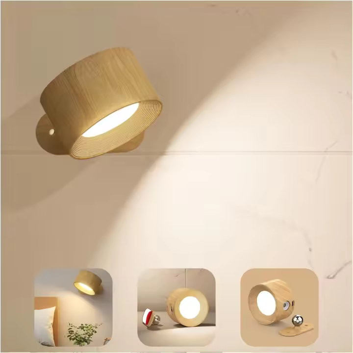 Lámpara de pared LED Lámpara de pared con batería recargable, control táctil 3 niveles de brillo 3 modos de color Lámparas de pared Rotación libre de 360° Moderna Regulable para sala de estar Dormitorios Veta de madera - 1