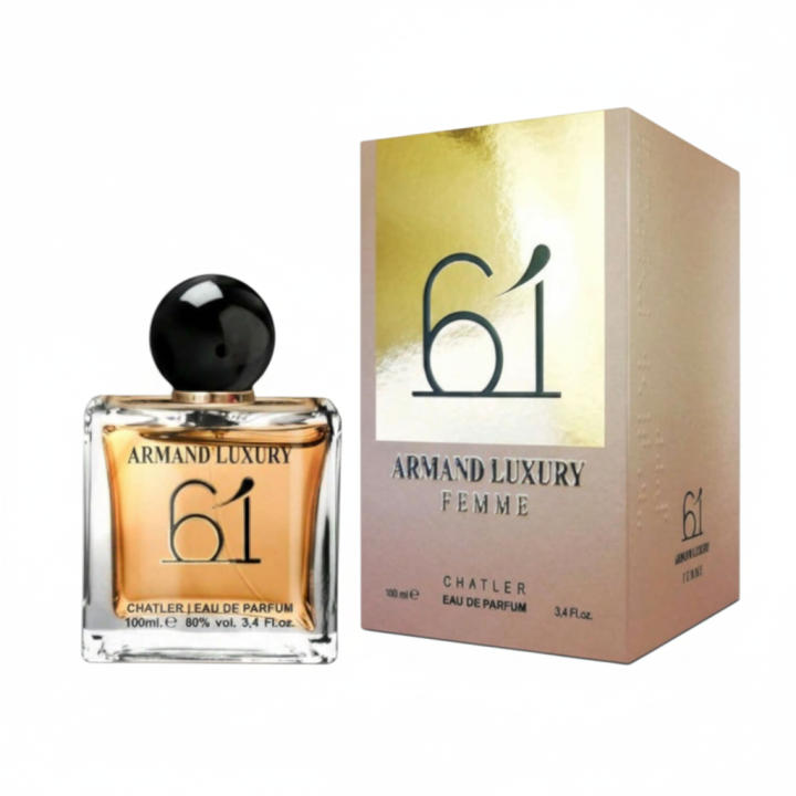 Perfume femenino Armand Luxury 61 Eau de Parfum de Chatler, fragancia sofisticada y femenina, con un aroma cálido y elegante, ideal para el día a día o ocasiones especiales. Presentado en frasco original con estuche. 🚚 Envíos a España 24/48 horas.