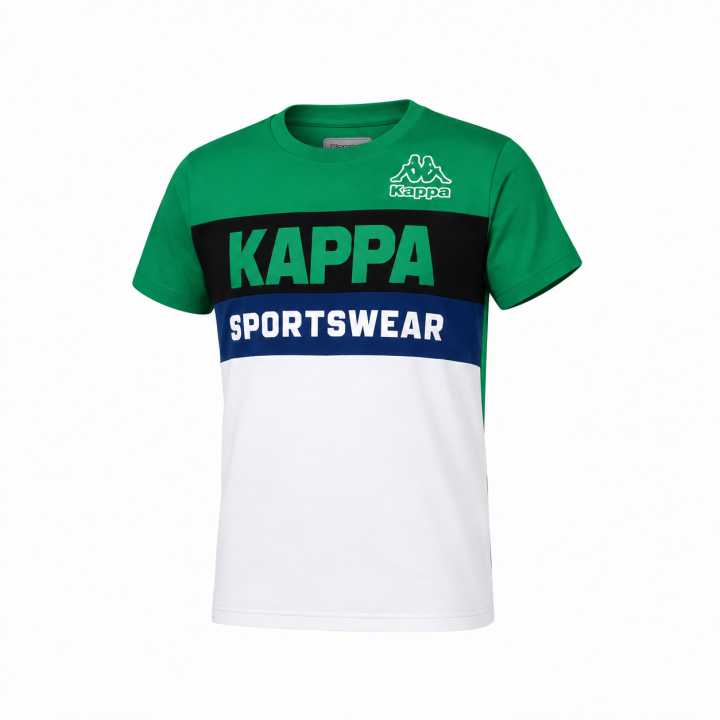 Kappa Kids T-Shirt 381V83W A08 in Green, Short Sleeve, 100% Cotton, featuring a sporty color block design and KAPPA SPORTSWEAR print, ideal for casual wear.