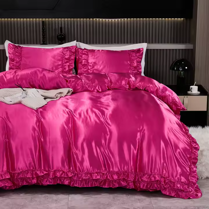 Set De Edredón Satinado 3PCS Colores Blanco Khaki Y Rosa Seda Suave Con Volantes Estilo Moderno Para Cama Conjunto De Ropa De Cama - 1