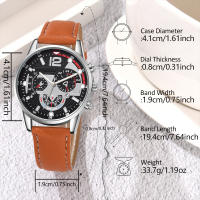 Reloj De Cuarzo Para Hombre Marrón Con Correa De Cuero Set De 4 Piezas Elementos Mecánicos Moda Regalo Ideal Para Él - details 4