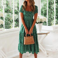 Vestido Vintage De Maxi Largo Con Manga Puff Estampado Floral Para Mujer Vestido Casual De Playa Estilo Vintage Con Cuello Cuadrado Y Volantes - details 1
