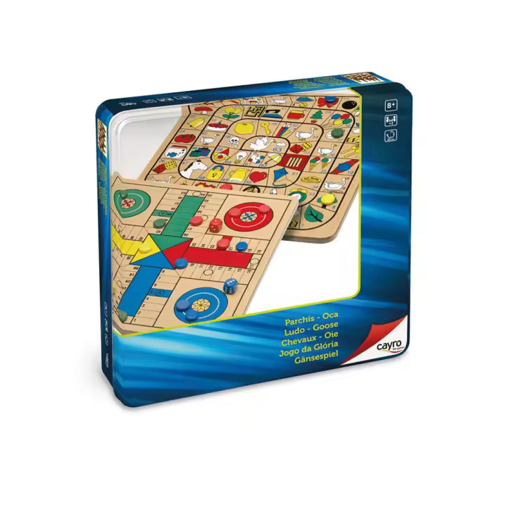 Juego Parchis 4 y Oca de madera en caja de metal 25,5x25,5 cm (Cayro 752) - 1