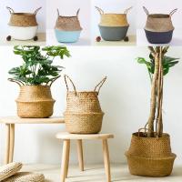 Cesta De Almacenamiento Tejida De Hierba De Mar Natural Hecha a Mano Plegable Para Ropa Y Lavandería Cesta De Paja De Resina Rattan Con Flor Bolsa De Playa - details 4