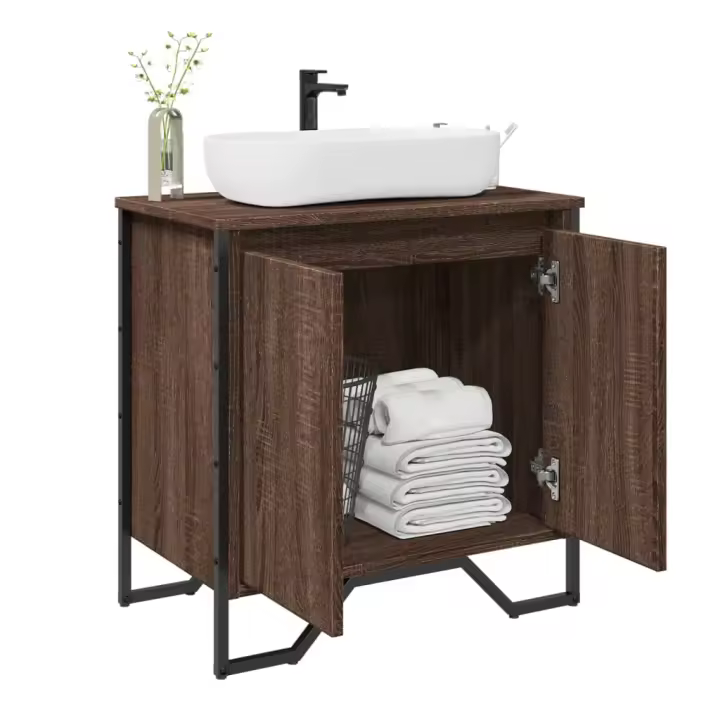 vidaXL Armario lavabo baño madera ingeniería 60x35x60 cm en color Marrón roble/Negro/Roble ahumado y más | almacenamiento funcional diseño moderno para baño dormitorio sala - 1