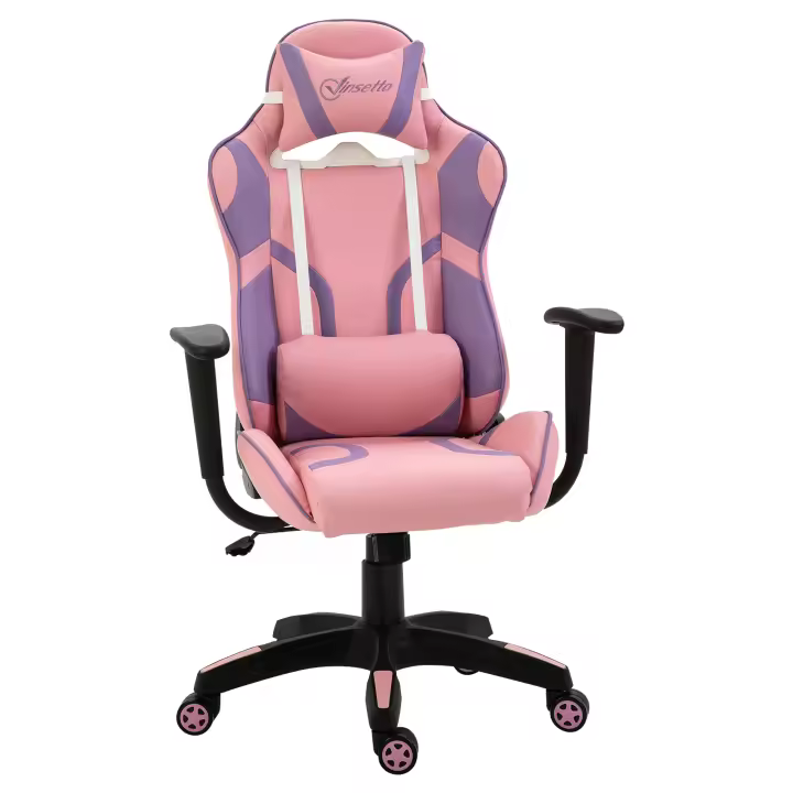 Vinsetto Silla Gaming Ergonómica Silla de Oficina Silla Giratoria Masaje Ajustable Cojín Lumbar Altura Regulable Rosa y Morado 69x56x125,5 cm - 1