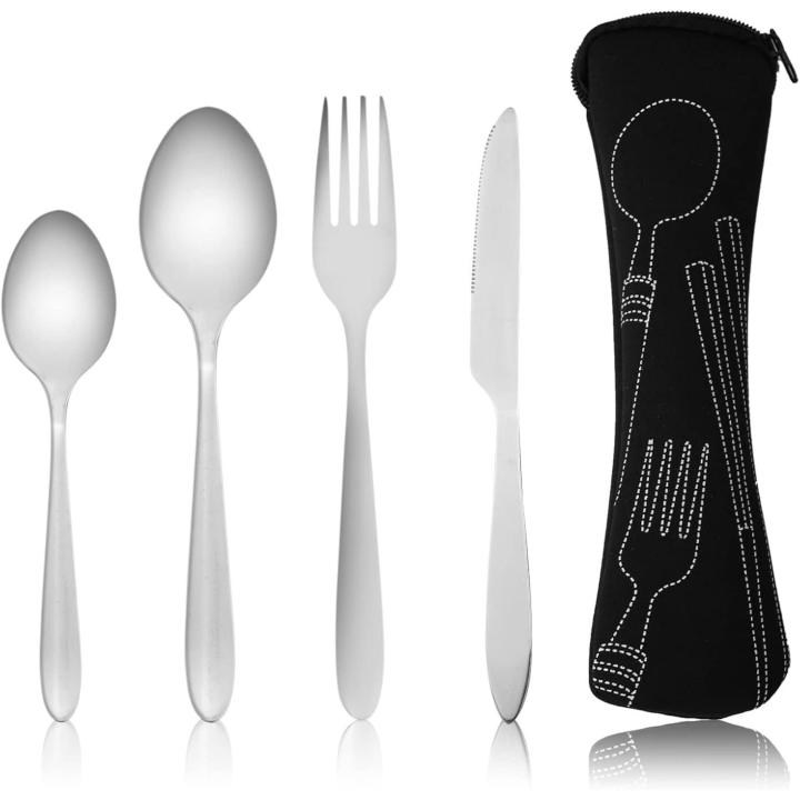 Juego de cubiertos de 4 piezas con funda portátil, cubiertos de acero inoxidable, juego de utensilios de camping con bolsa de neopreno para viajes al aire libre, picnic, oficina, escuela, lonchera Marca: SZCXDKJ