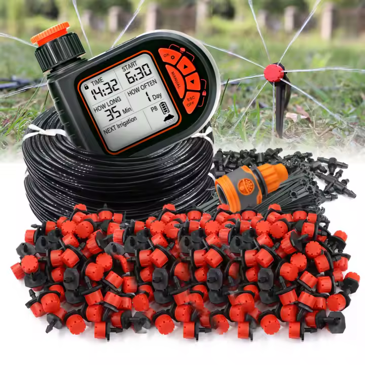 Kit De Riego Para Jardín Con Sensor De Lluvia Y Timer Automático Sistema De Rociado Ajustable Para Invernadero 1/4" De Tubo 8 Agujeros - 1