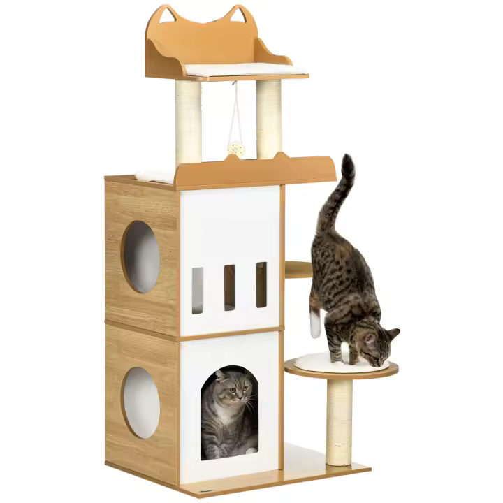 PawHut Árbol Rascador para Gatos 133 cm Torre para Gatos Rascador para Gatos con Cuevas Plataformas Bola Colgante y Postes de Sisal 60x48x133 cm Roble - 1