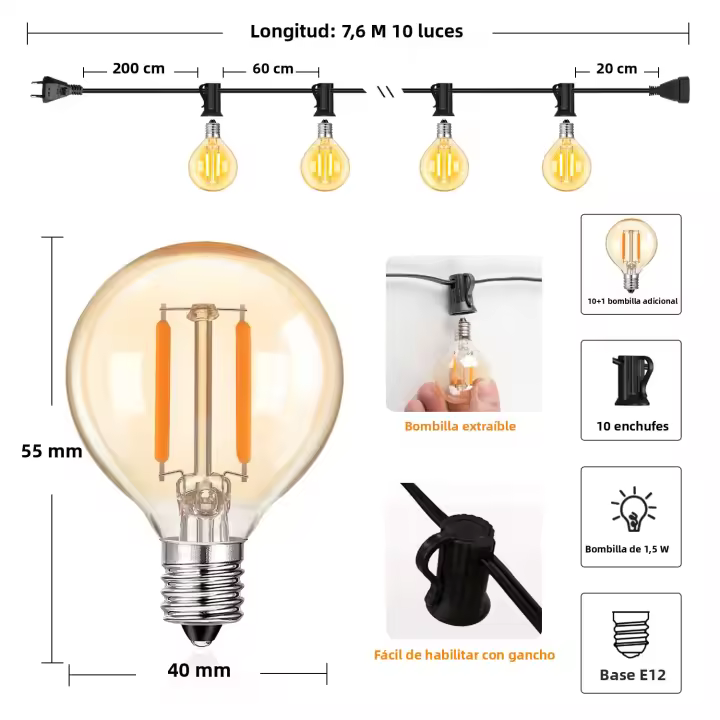 Luces De Cadena LED G40 Para Decoración Exterior Bombilla De Vidrio Amarillo 1.5W Dimmable Guirnalda Para Patio Fiesta Calle - 1