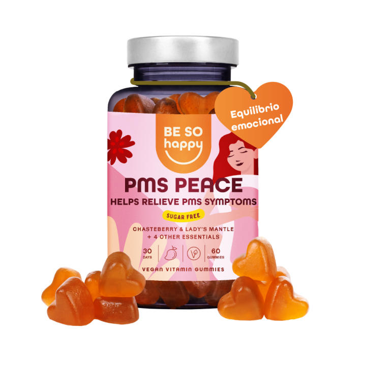 Gomitas PMS Sin Azúcar para Mujeres, Vitaminas para el Equilibrio Hormonal con Vitex + Azafrán + Ácido Fólico + Vitaminas B12 y B6. 60 Gomitas, Sabor Mango, BeSoHappy®