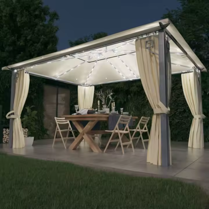 vidaXL Cenador con cortina y tira luces LED aluminio crema 400x300 cm - 1