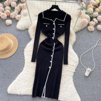 Vestido De Lana Elegante De Otoño Invierno Para Mujer Cintura Alta Botones Cuello Bajado Largo De Contraste Nuevo 2024 - details 5
