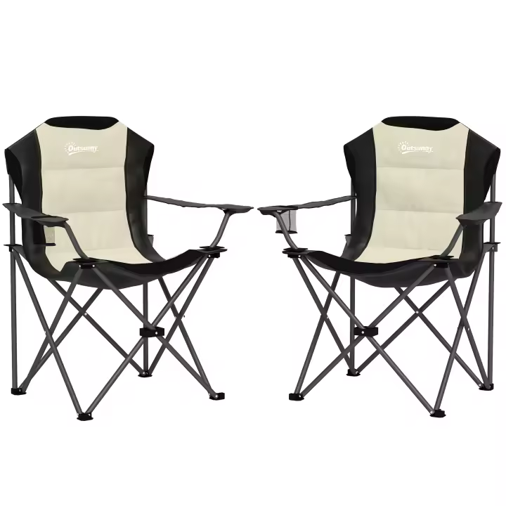 Outsunny Conjunto de 2 Sillas Plegables Camping con Respaldo Alto Sillas de Camping Portátil Acolchado con Reposabrazos Portavasos y Bolsas de Transporte para Acampada Jardín Terraza Crema y Negro - 1