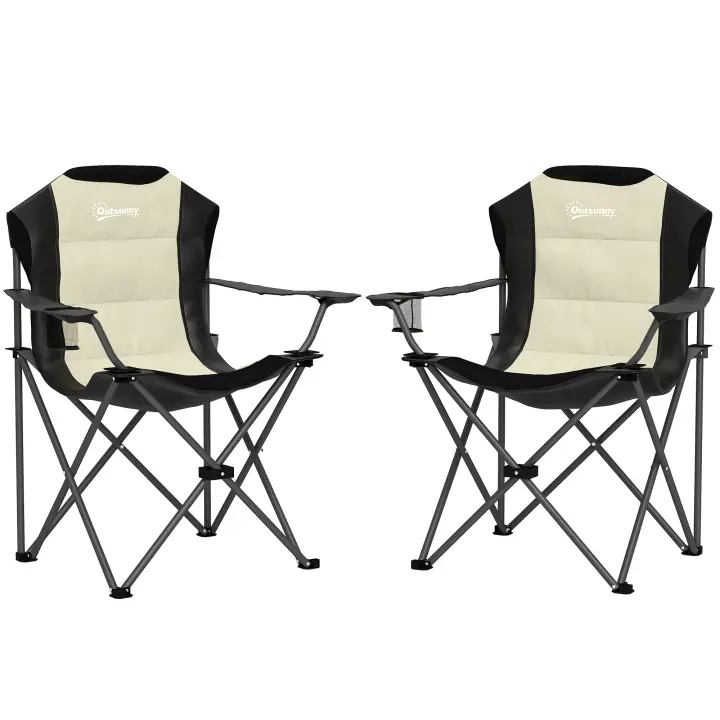 Outsunny Conjunto de 2 Sillas Plegables Camping con Respaldo Alto Sillas de Camping Portátil Acolchado con Reposabrazos Portavasos y Bolsas de Transporte para Acampada Jardín Terraza Crema y Negro - 1