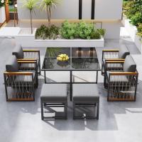 Juego de Mesa y sillas de exterior de 7 piezas, para 6 personas, Mesa de Cristal Templado, tablero de Madera de Acacia con reposabrazos, ideal para ir en el patio o El Jardín - details 3