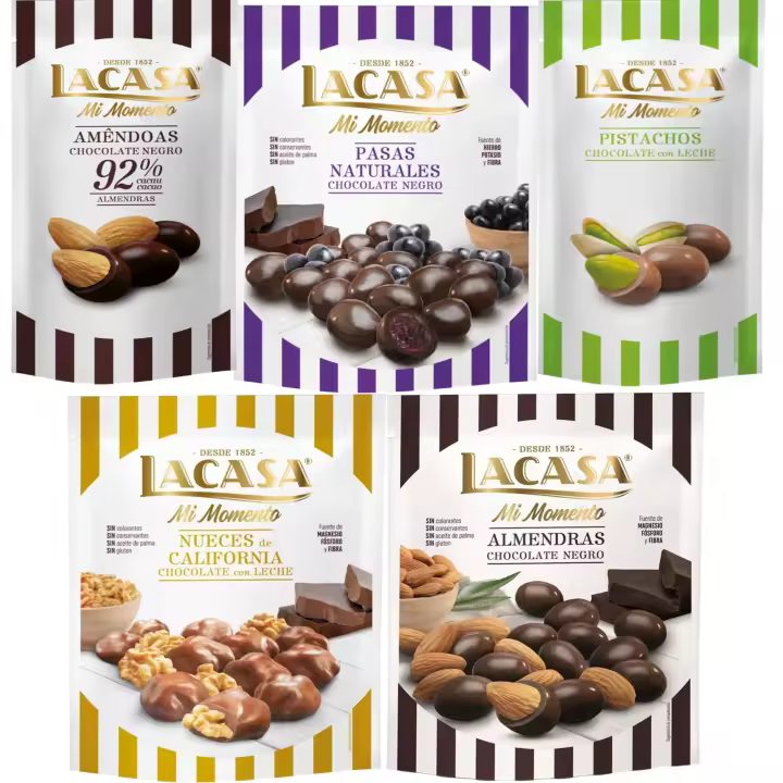 Lacasa Mi Momento pack de 5:Pistacho Chocolate Leche ,Almendra 92% ,Nueces Chocolate Leche,Pasas Chocolate Negro ,Almendra Chocolate Negro - 1