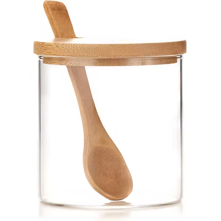 1 bote para condimentos, caja para condimentos, frasco de vidrio con tapa de bambú, azucarero, salero con cuchara de madera, 283 g - 1