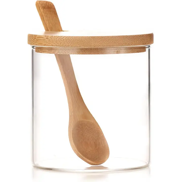 1 bote para condimentos, caja para condimentos, frasco de vidrio con tapa de bambú, azucarero, salero con cuchara de madera, 283 g - 1
