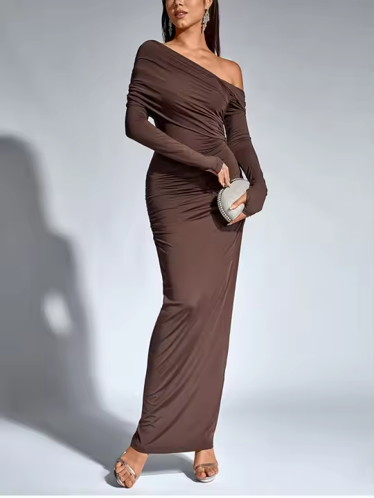 Vestido Largo Asimétrico De Mujer Con Hombro Solo Y Cintura Ajustada Nuevo Asia Para Fiesta Club Moda Otoño Marrón - 1