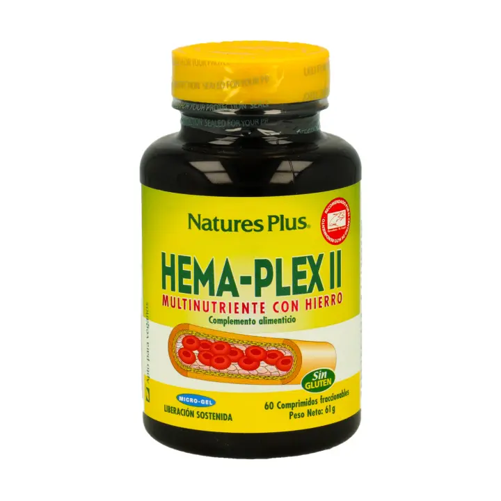 Natures Plus Hema-Plex II - 60 comprimidos para mantener a la formación normal de los glóbulos rojos y la hemoglobina, el transporte normal de oxígeno en el cuerpo.  Hierro formulado con ingredientes de origen natural + Vitaminas + Oligoelementos - 1
