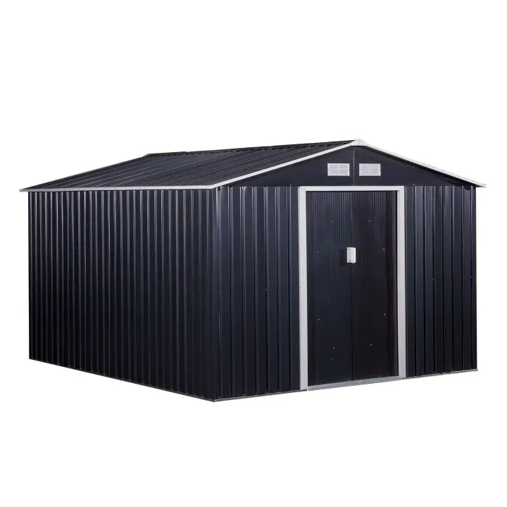 Outsunny Cobertizo de Jardín 322x277x192 cm Base de 8,3 m² Caseta de Exterior Metálica para Almacenamiento de Herramientas con 2 Puertas Correderas y 4 Ventanas Gris - 1