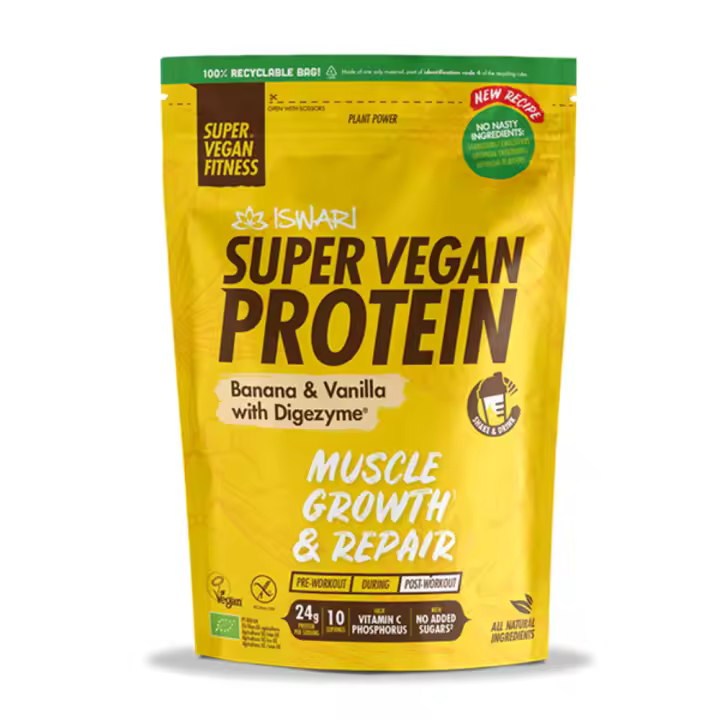 Super Vegan Protein Plátano y Vainilla, Con Digezyme®, BCAA y Sin Azúcares Añadidos – 400g - Iswari - 1